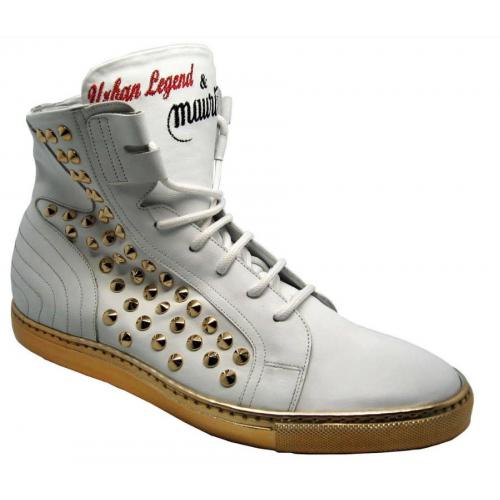 Mauri White / Gold Genuine Leather Metal Studs Sneakers.